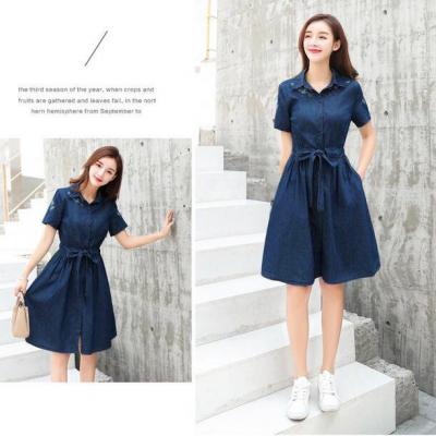 ĐẦM JEAN CỔ SƠ MI THẮT EO THÊU HOA - NJ020